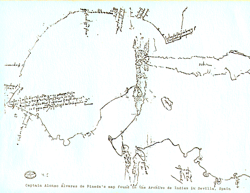 Historical map associated with Pineda’s 1519 Gulf Coast expedition